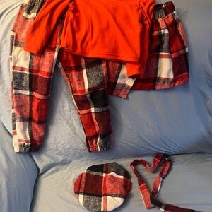 Red and Plaid Pants and Skirt Set with Accessories